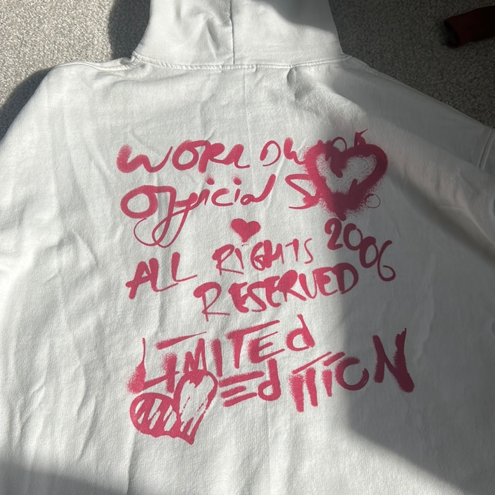 Boohoo white hoodie with pink writing on back